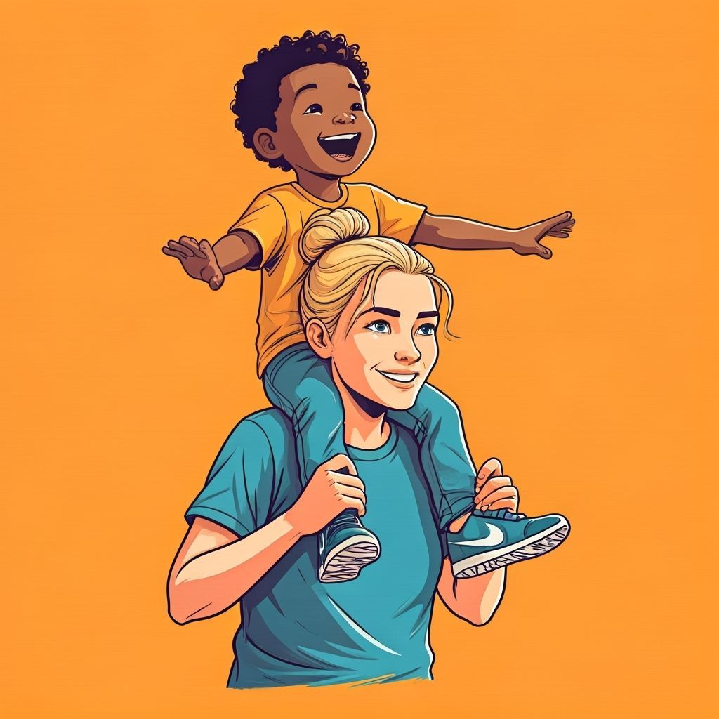 Joyful Boy Rides Shoulders of Woman in Energetic Illustratio...