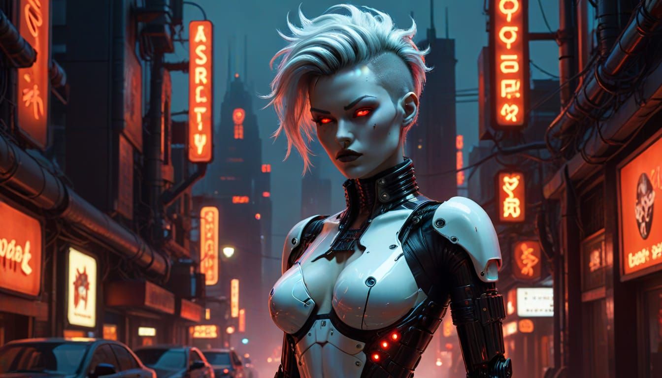 Cyberpunk Android Pinup in Neon Cityscape