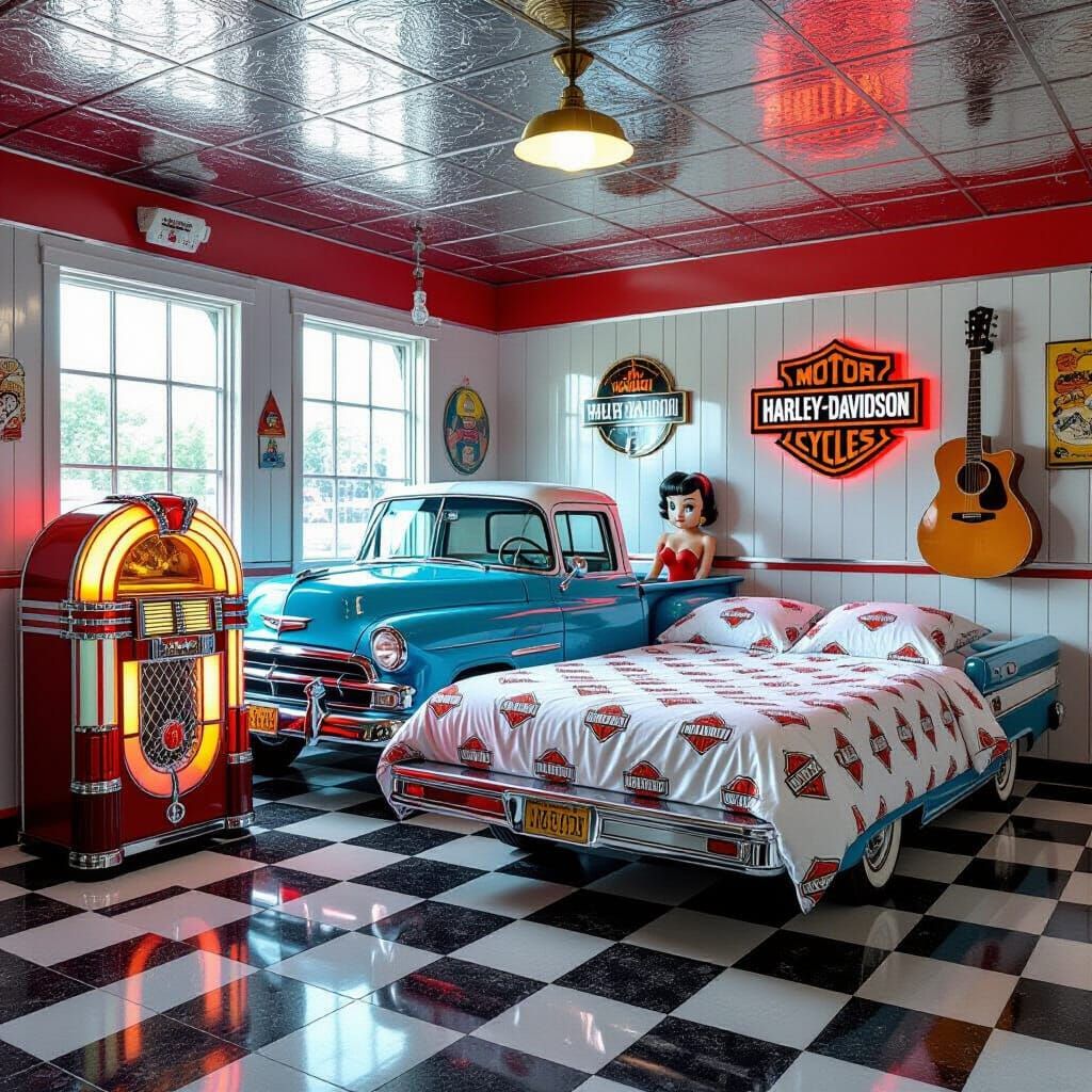 Vintage Diner Garage with Chevy Truck and Betty Boop