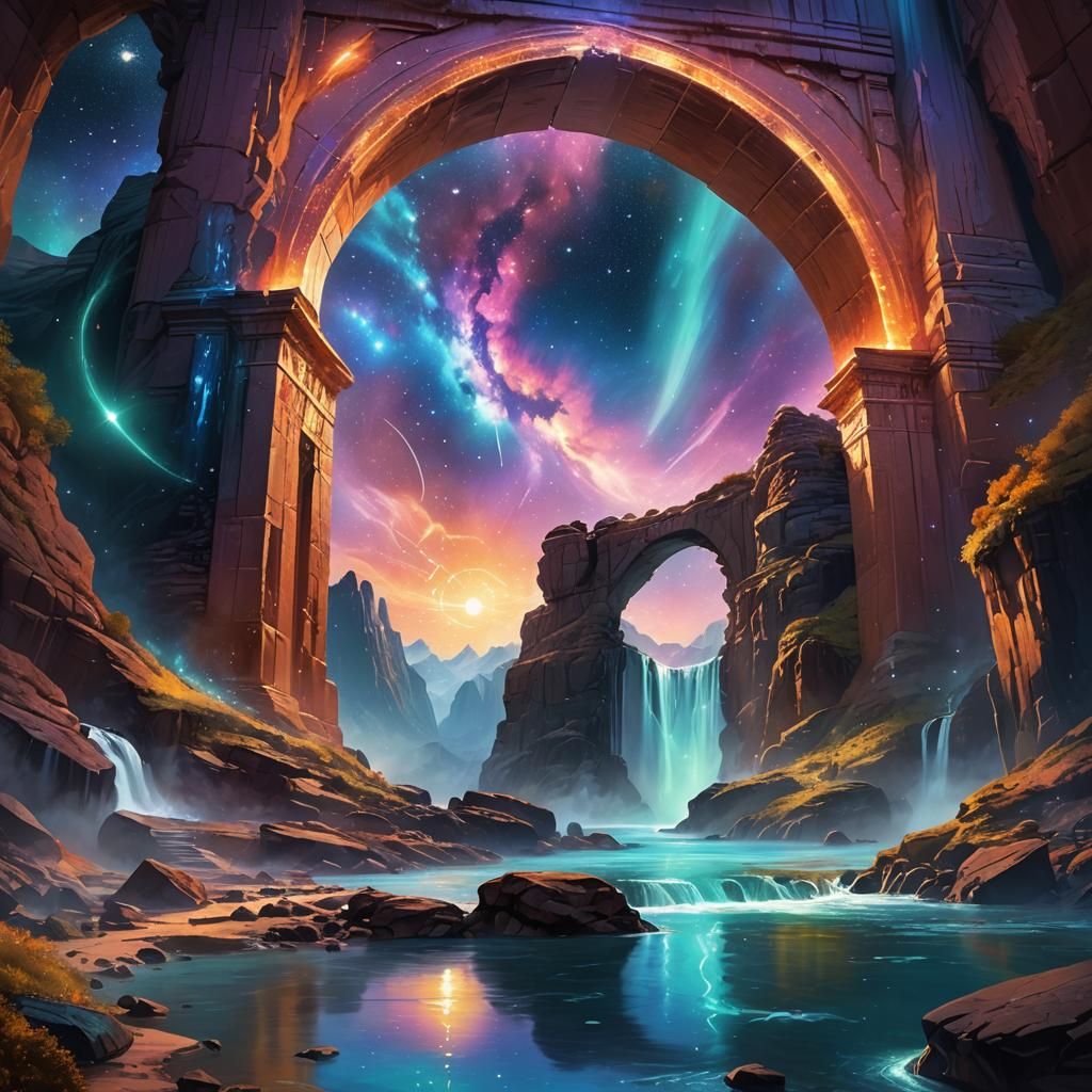 Celestial Star Gate Concept Art with River and Aurora