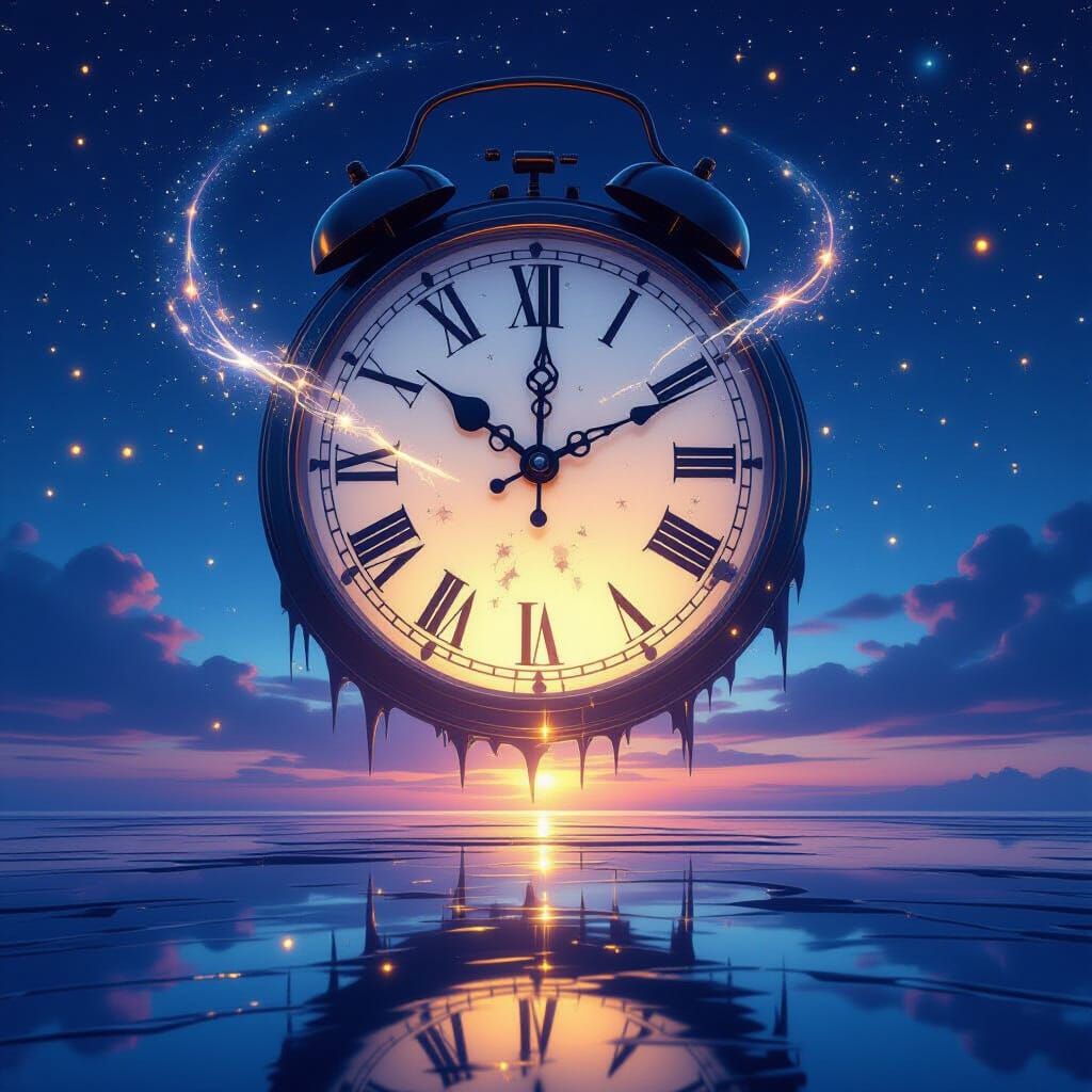 Ancient Clock in Cosmic Sky, Surreal Art