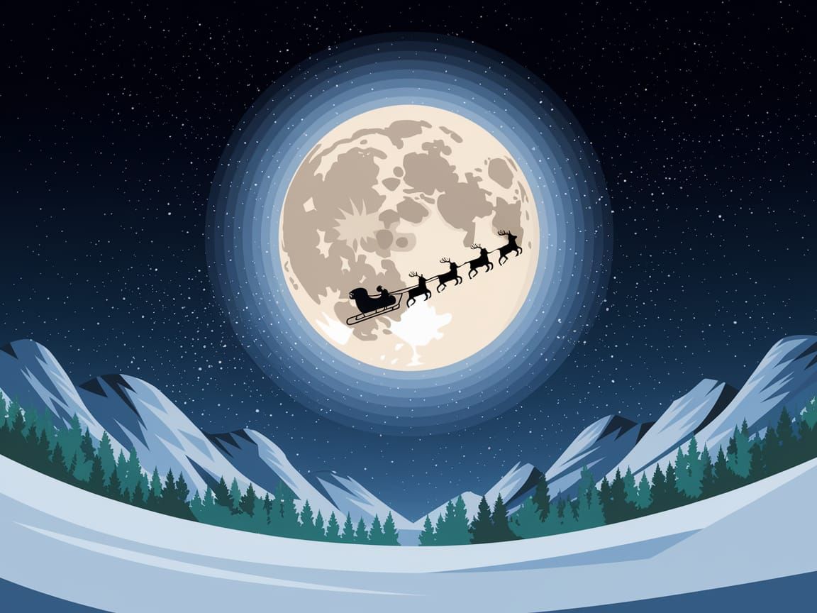 Winter Night Sky with Santa's Sleigh Over Snow-Capped Mounta...