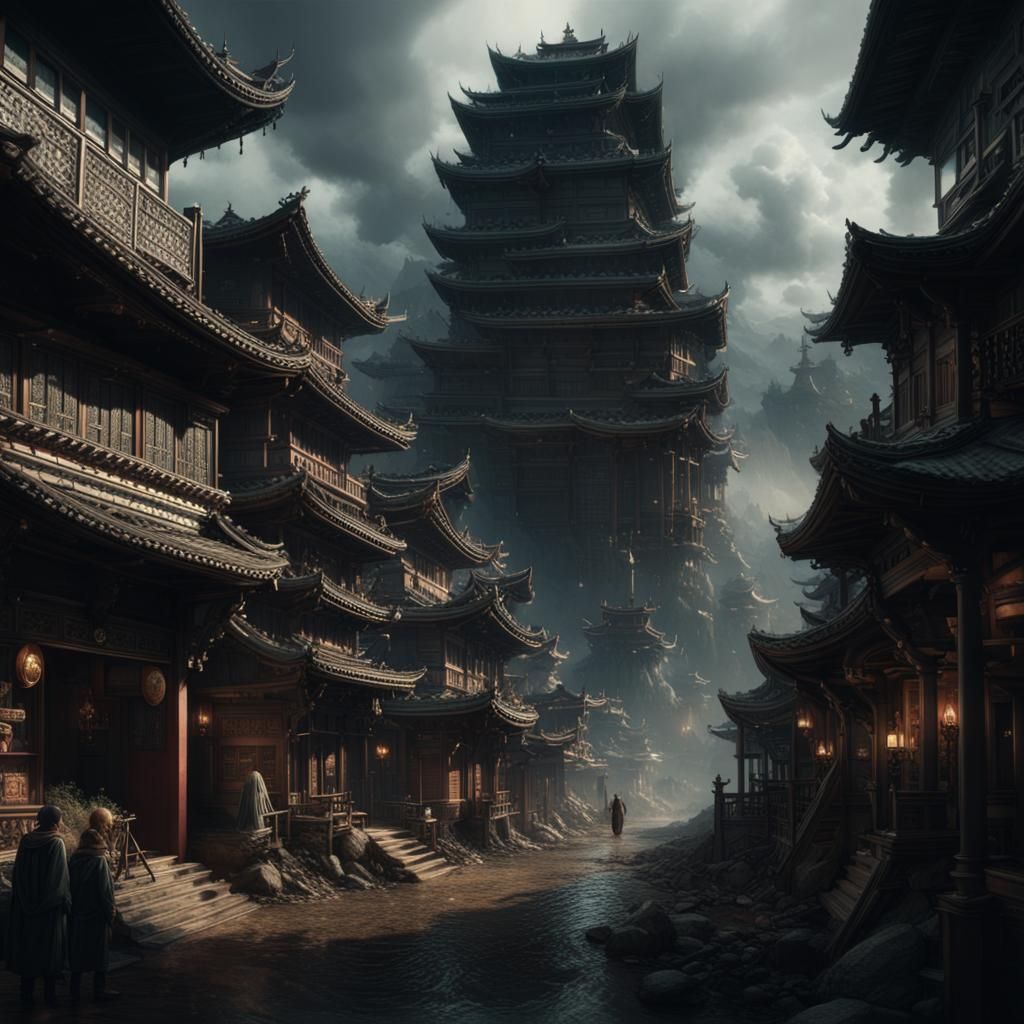 Dramatic Japanese City in Shodō Style