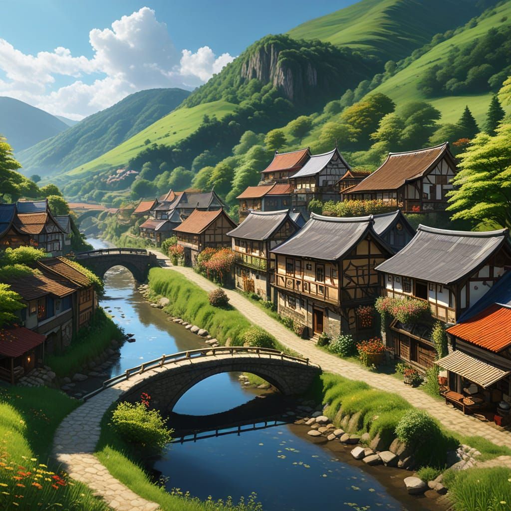 Anime Village Scene in Lush Valley Landscape