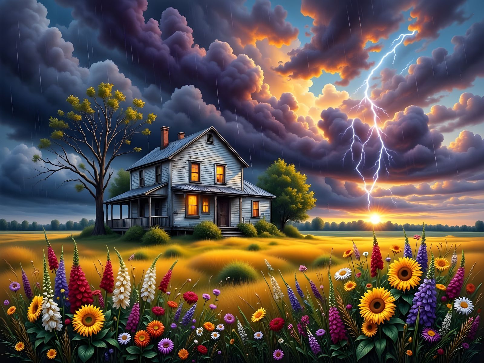Old Farmhouse in Stormy Landscape Painting