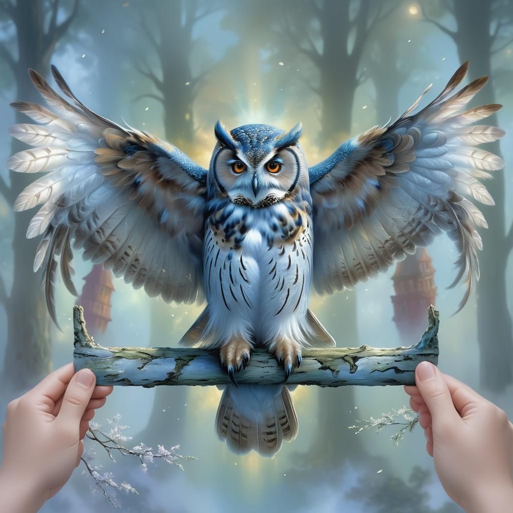 Ethereal Owl in Misty Fantasy Landscape