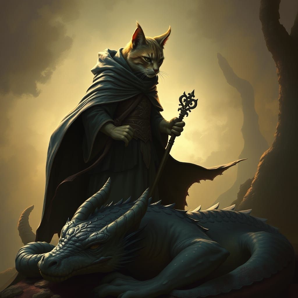 Half-Cat Half-Human Guardian Over Sleeping Dragon