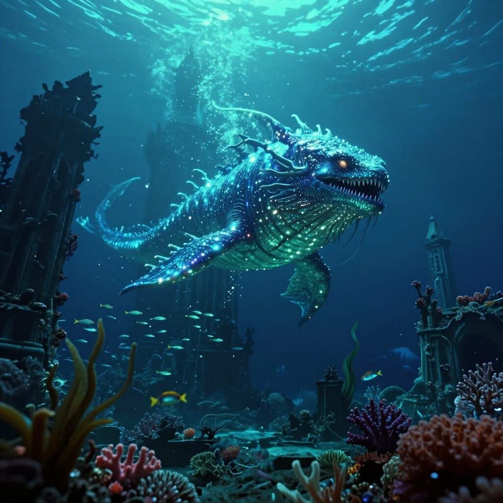 Bioluminescent Sea Monster in Sunken Atlantis Ruins