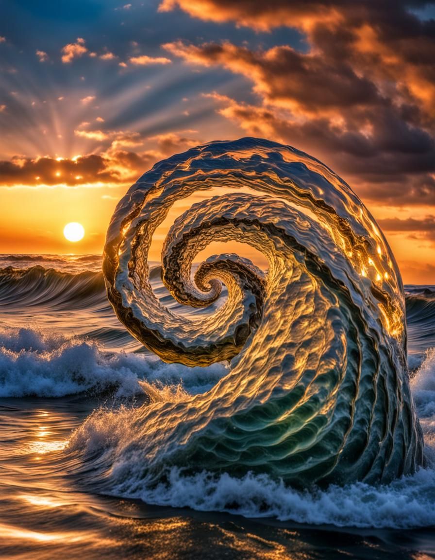 Hyperrealistic Water Sculpture Reflecting Sunset