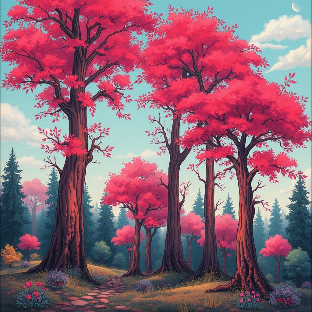 Surreal Forests in Vibrant Pink and Crimson