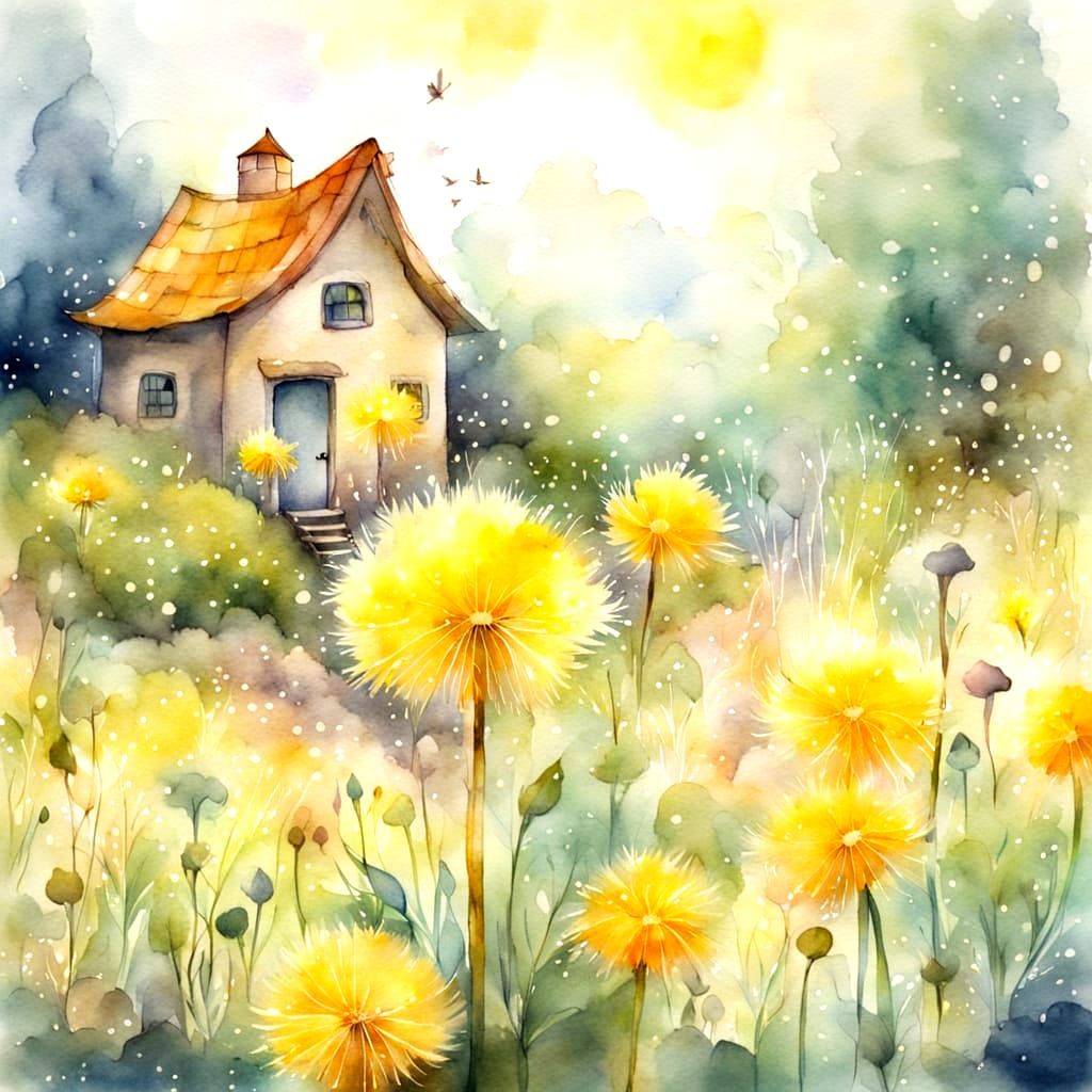 Dandelion in Gnome Land: Watercolor Illustration