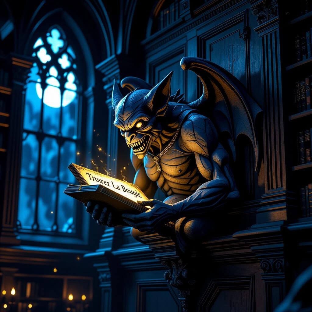 Sinister Gargoyle Holds Ancient Tablet in Midnight Library