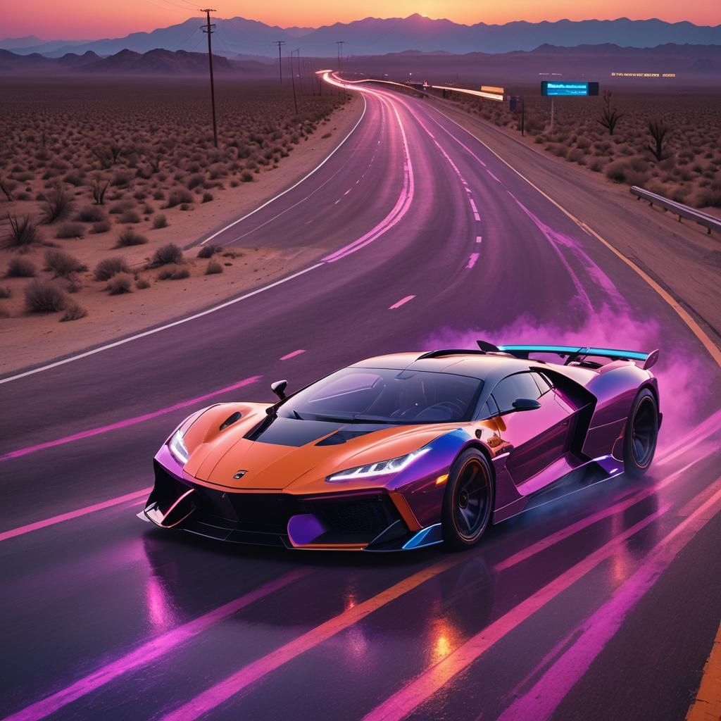 Cyberpunk Supercar Speeds Through Neon Desert Sunset