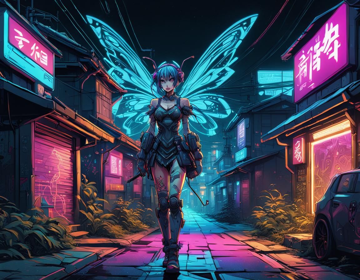 Anime Fairy on Cyberpunk Street in Pop Art Style