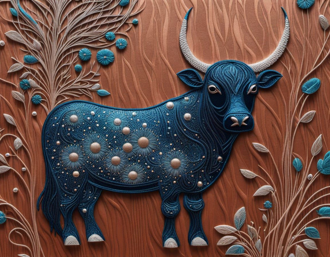 Mooncalf - Embroidery on Lasercut Wood