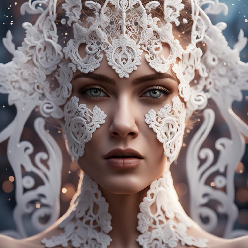 Woman's Face Surrounded by Artistic White Lace