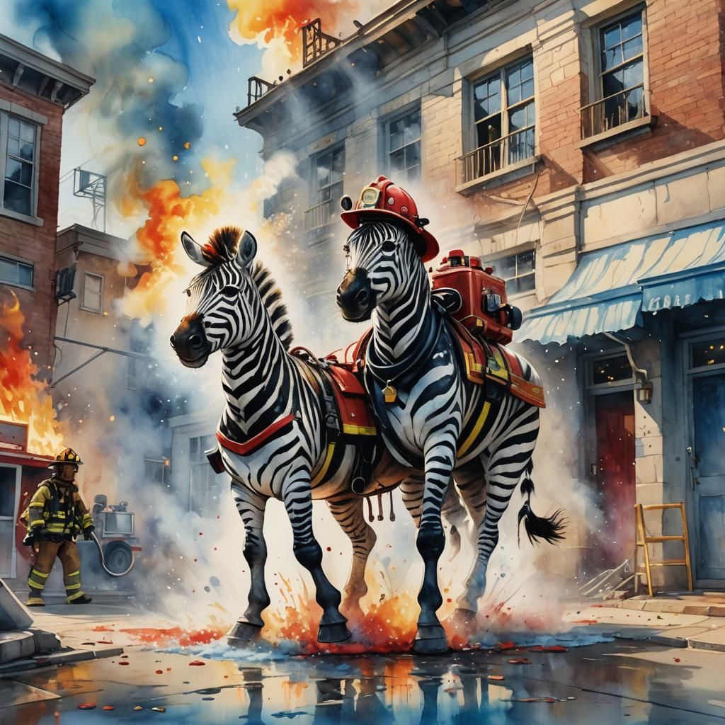 Zebra Firefighter in Watercolor Children's Illustration