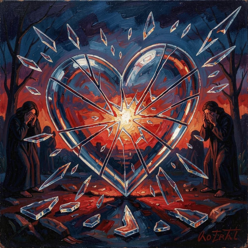 Shattered Glass Heart Oil Painting in Twilight