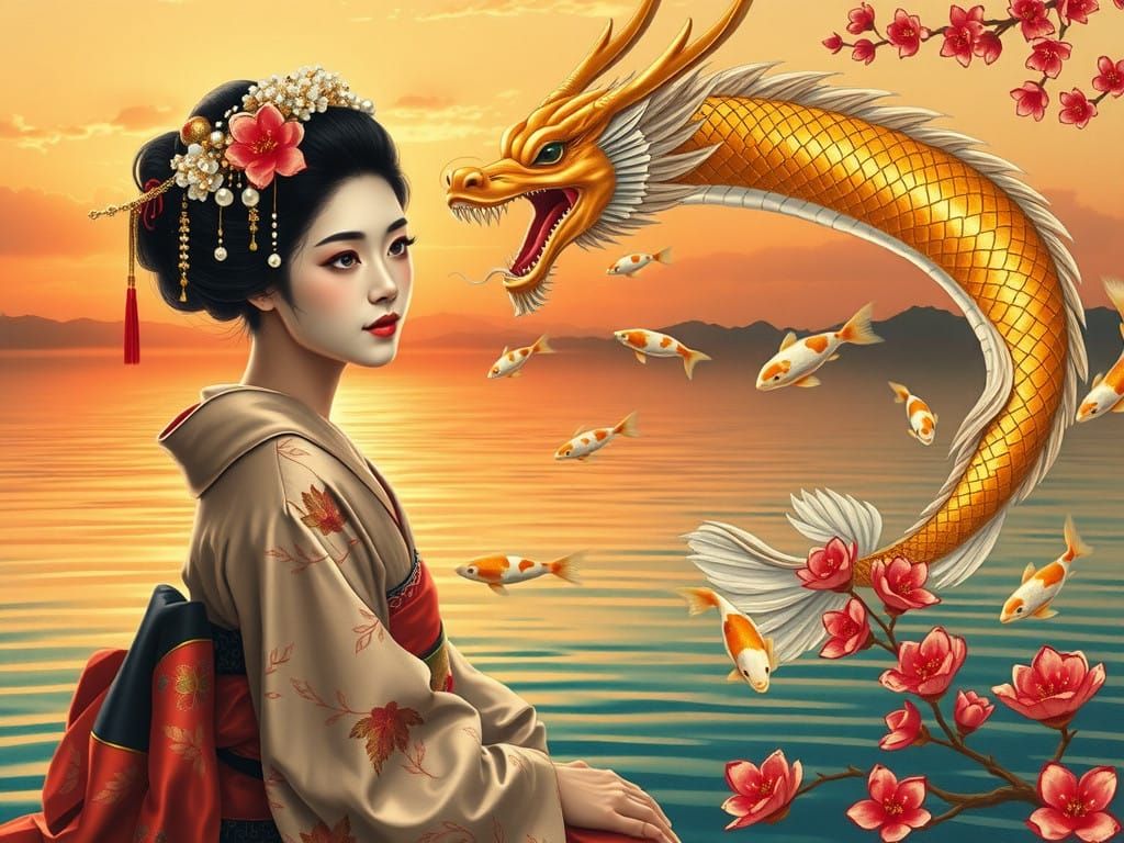 Ethereal Geisha Transforms into Majestic Dragon