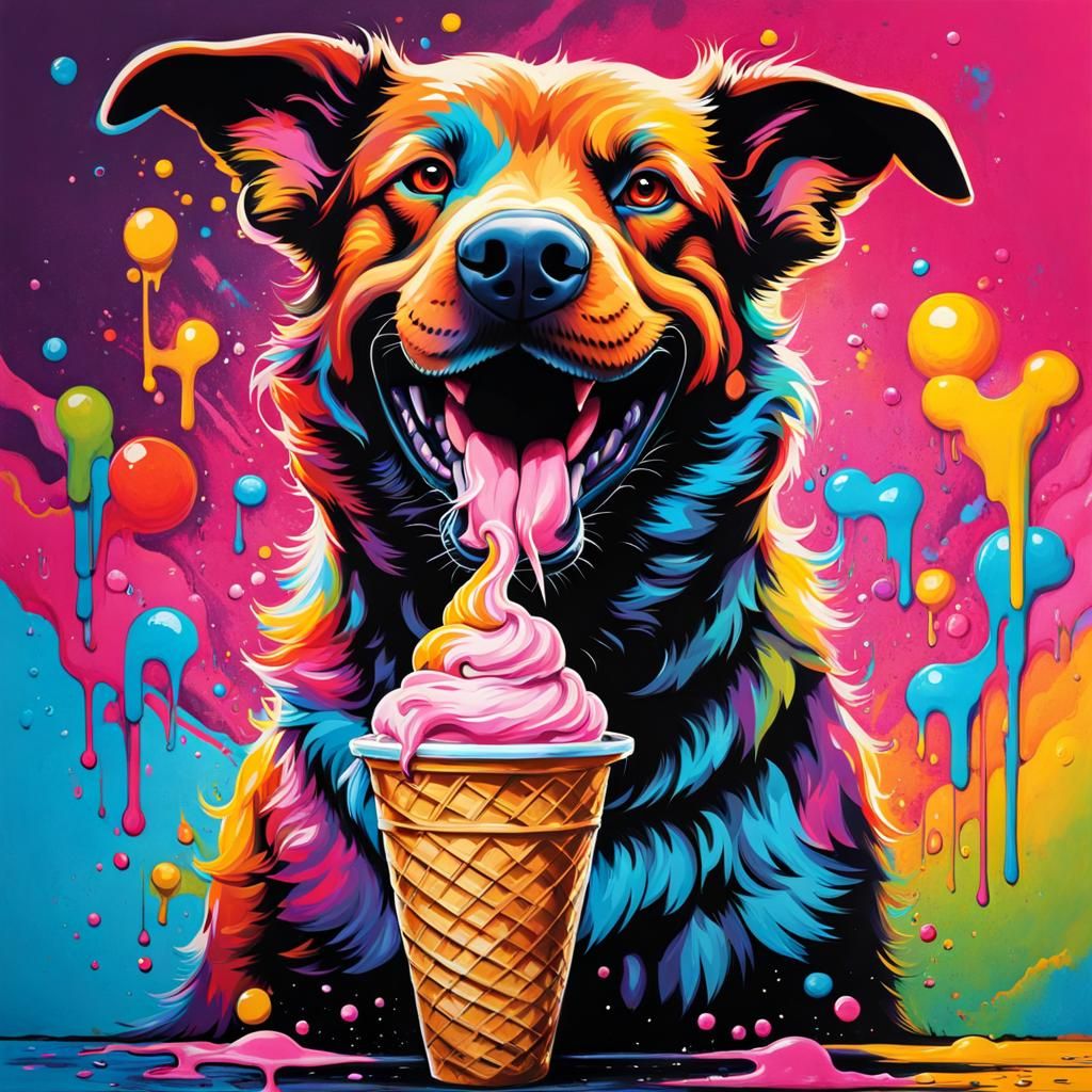 Dog Eating Ice Cream in Graffiti Art Style