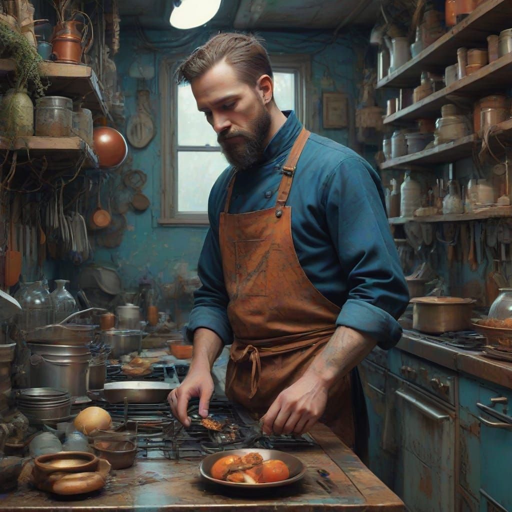 Futuristic Sci-Fi Chef in Detailed Kitchen
