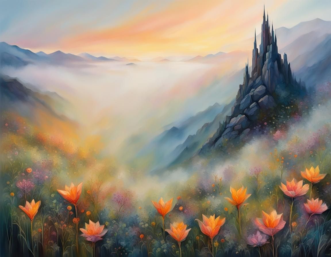 Elven Towers in Misty Valley at Sunrise: Abstract Art