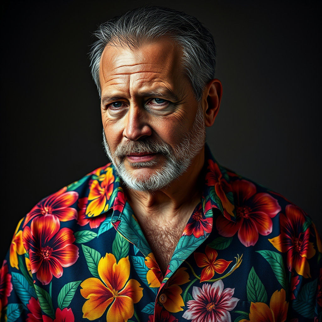 Hyperrealistic Portrait of Man in Hawaiian Shirt