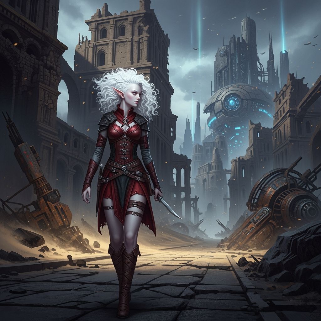 Albino Elf Maiden in Red Leather in Ruined City