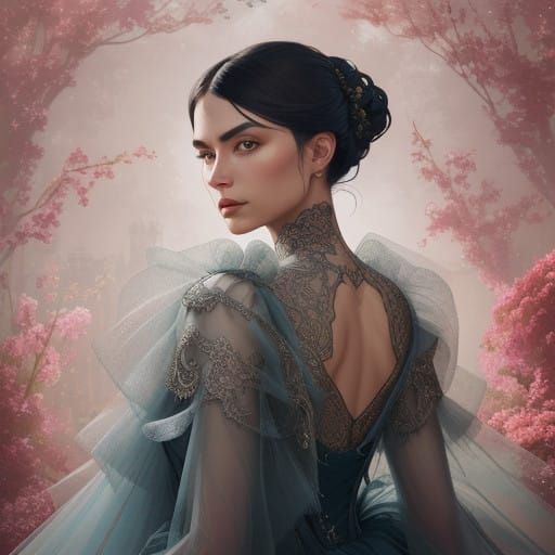 Woman in Lavish Ballgown Trims Hedges with Elegance