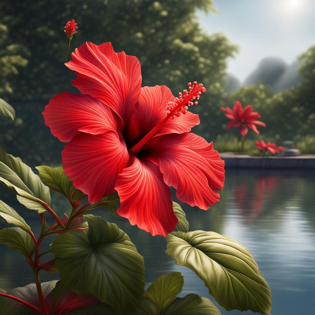 Hyper real, Hyper detailed, Bright Red hibiscus growing near a pond, Vibrant colours, trending on Artstation, hyperreali...