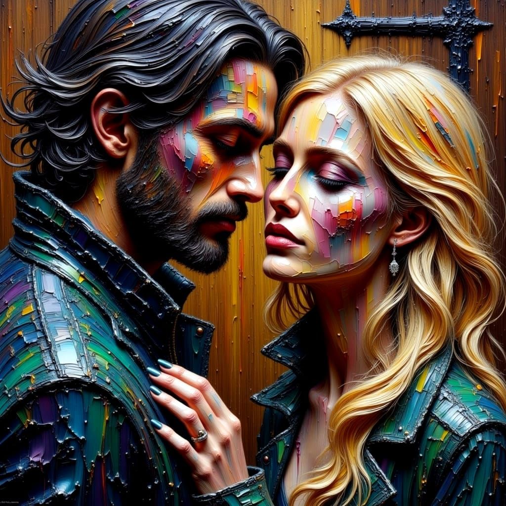 Grunge Oil Painting of Joyful Couple Dancing in Rain