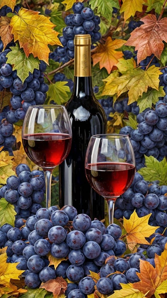 Realistic Digital Painting of Wine and Autumnal Grapes