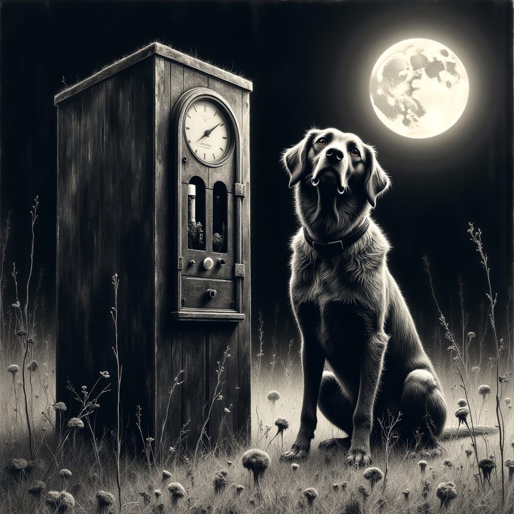 Dog and Tube Machine in Charcoal Drawing Style