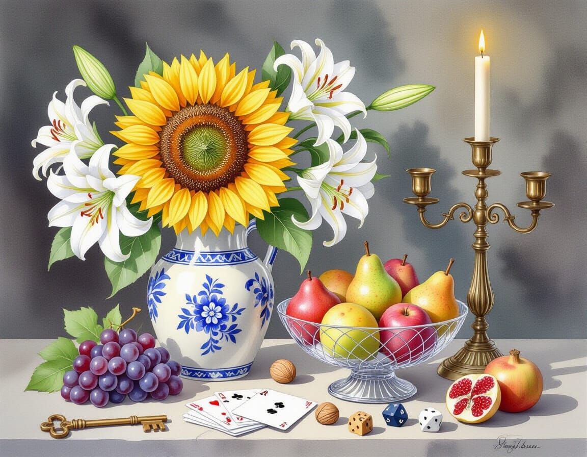 Monochrome Still Life with Sunflower and Fruit in Watercolor