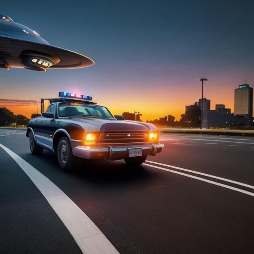 Police Officer Tickets Alien Spaceship at Sunset