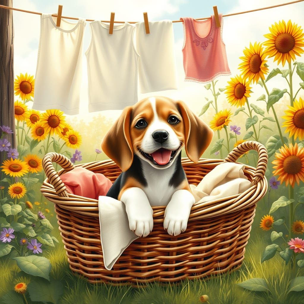 Beagle Puppy in Laundry Basket: Idyllic Art