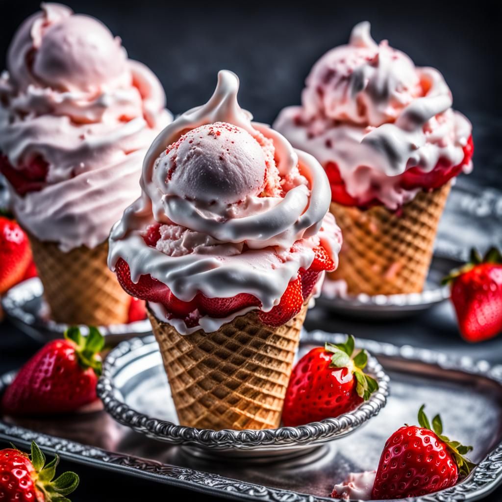 Strawberry Ice Cream Cones on Silver Tray