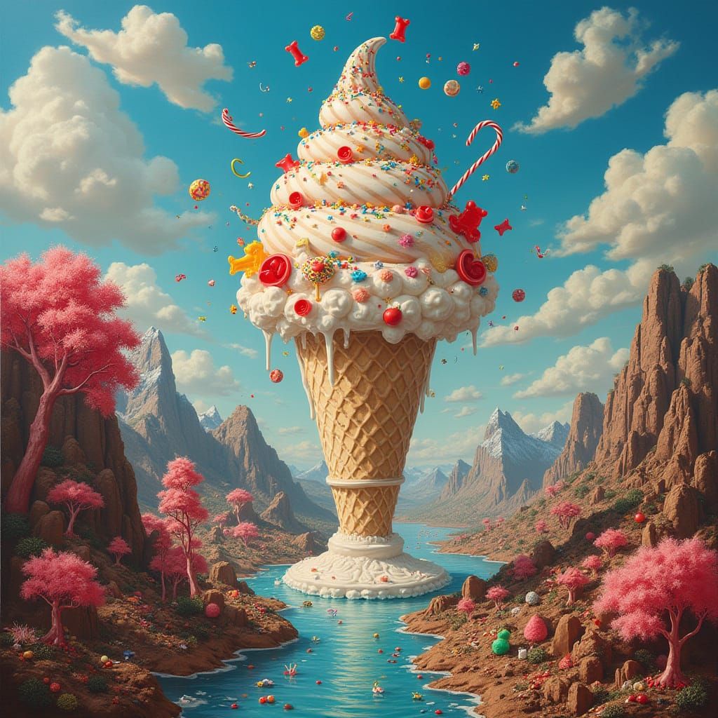 Giant Sundae in a Surreal Candy Landscape
