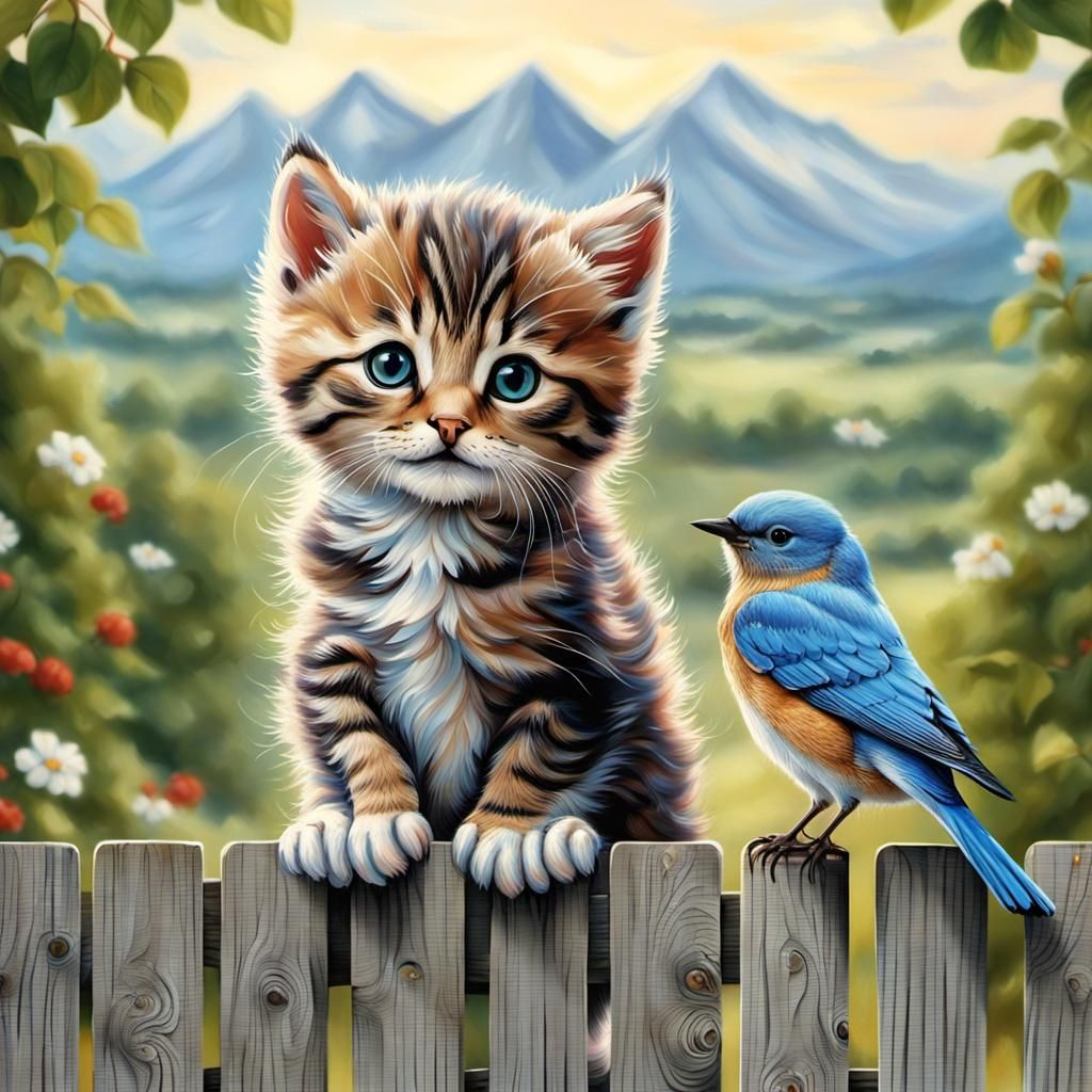 Realistic Kitten and Bluebird on Fence