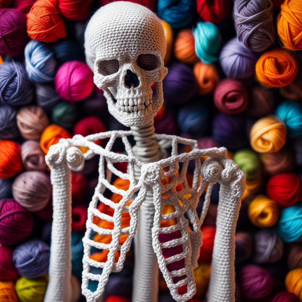Hyperrealistic Crochet Yarn Skeleton in Cemetery