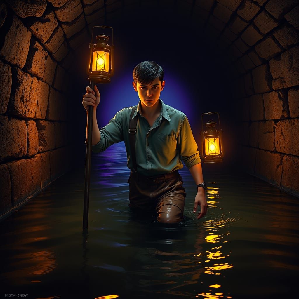 Young Man Explores Dark, Murky Sewer Tunnel