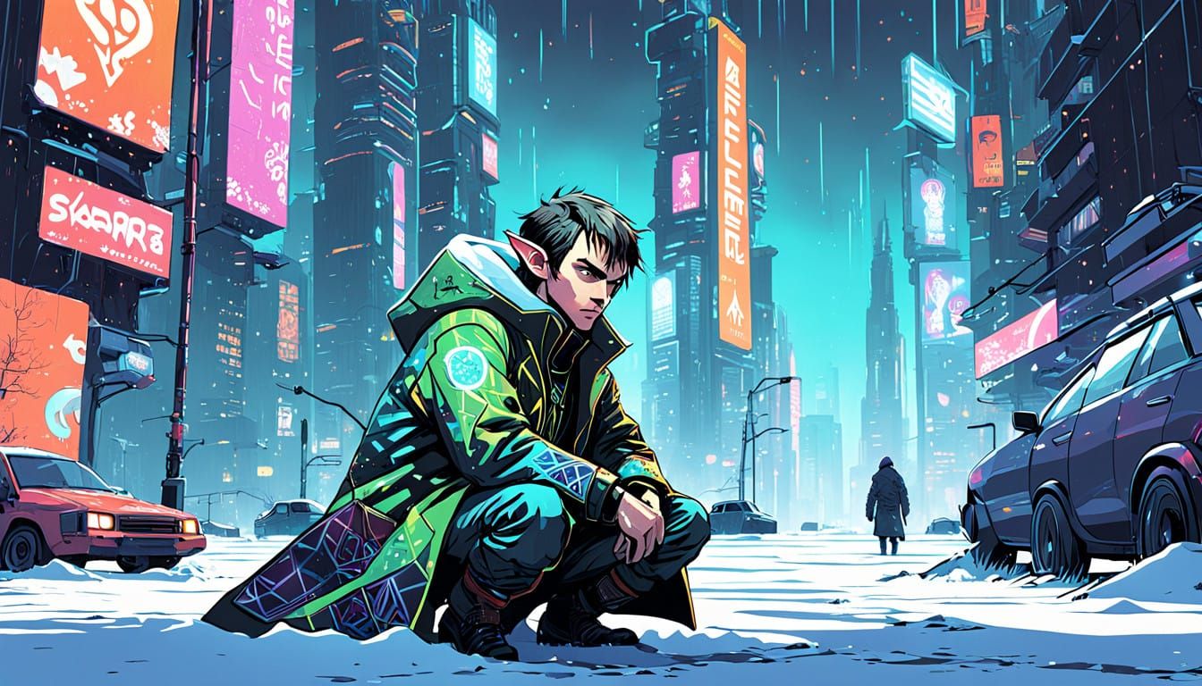 Ethereal Elf Warrior in Neon-Covered Cityscape