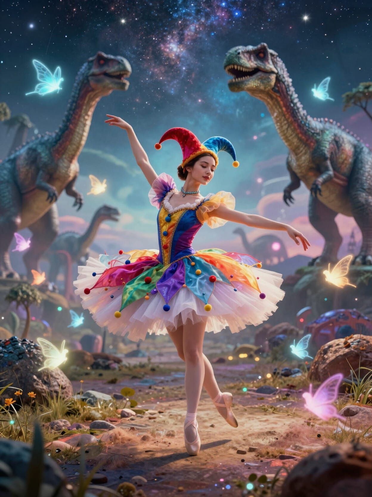 Ballerina Jester Twirls in Galaxy with Dinosaurs
