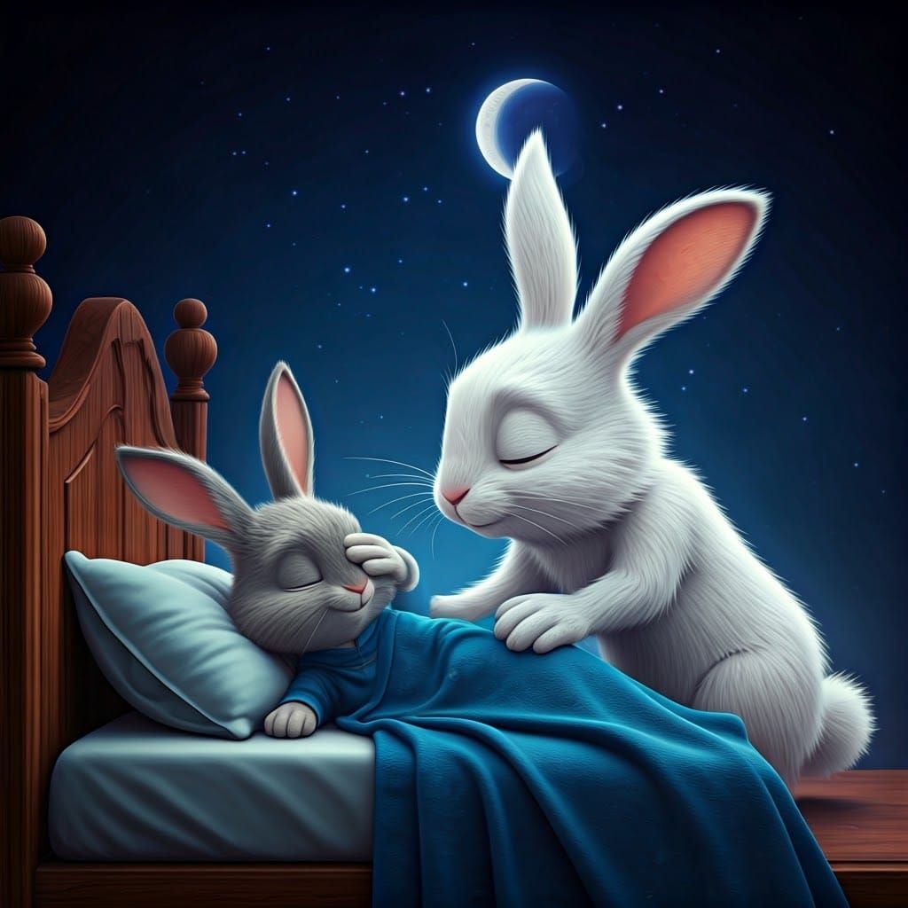 White Rabbit Tucking Gray Rabbit into Bed