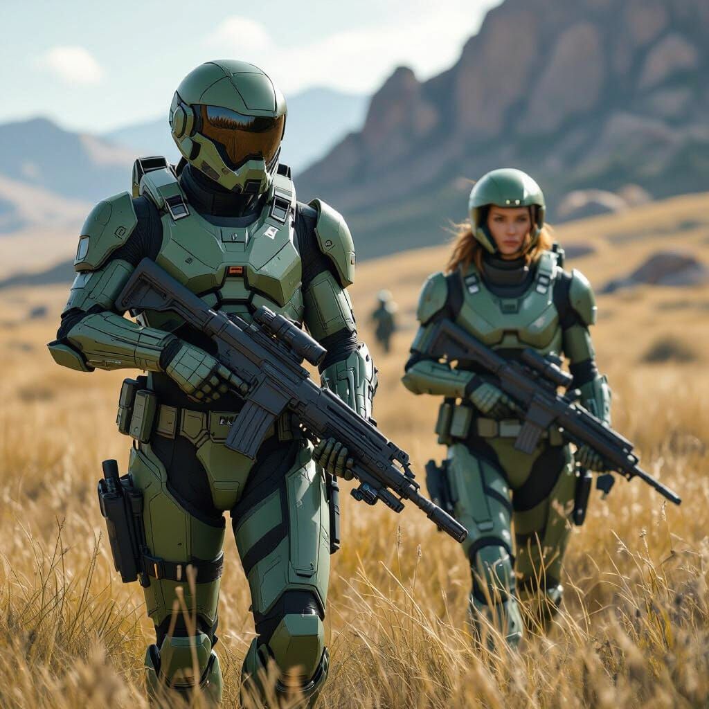 Futuristic Troopers on Patrol in Rocky Grasslands