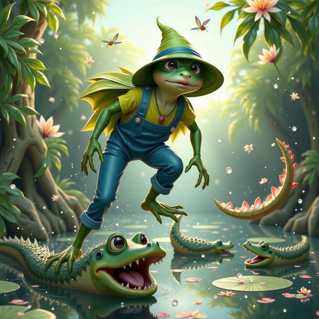 Whimsical Frogger Leaps Over Giant Alligators in a Magical R...