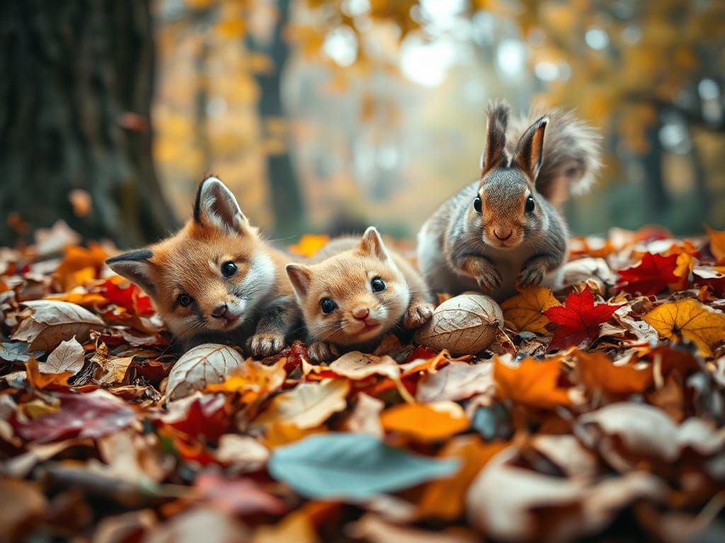 Cute Animals Play In Autumn Leaves