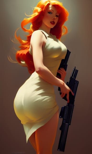 Ginger Pin-Up Girl in Warzone, Detailed Digital Art