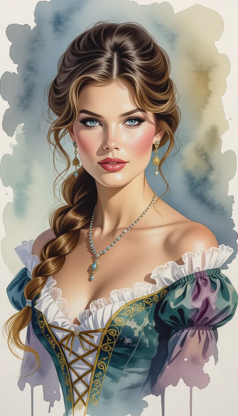 Elegant Portrait in Ink and Watercolor Style