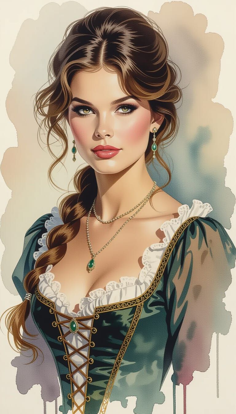 Elegant Portrait in Ink and Watercolor Style